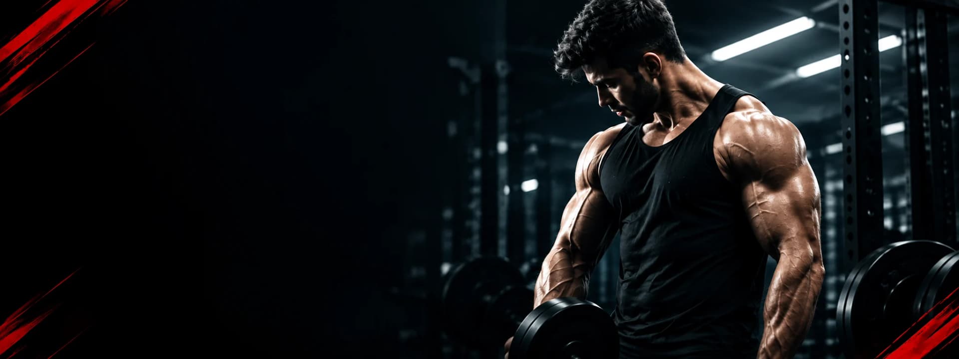 Lifter curling a dumbbell in a dark gym, lit from the right